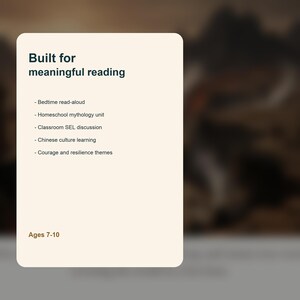 May include: A white rectangular graphic with rounded corners displays the text "Built for meaningful reading." Bullet points list topics including bedtime read-aloud and Chinese culture learning. The text "Ages 7-10" is at the bottom.