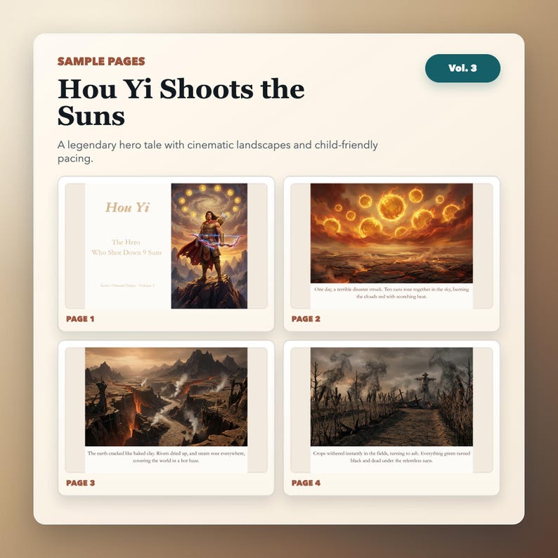 May include: A book spread titled "Hou Yi Shoots the Suns" with four illustrated pages. The cover features a warrior with a bow and arrow. Pages 2-4 depict landscapes with fiery suns, scorched earth, and a desolate field.