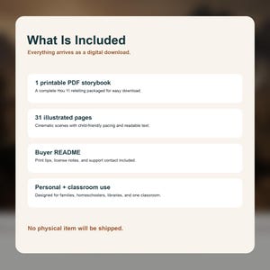 May include: Digital download graphic titled "What Is Included". The image details a printable PDF storybook, 31 illustrated pages, a buyer README, and information for personal and classroom use. The text states that no physical item will be shipped.
