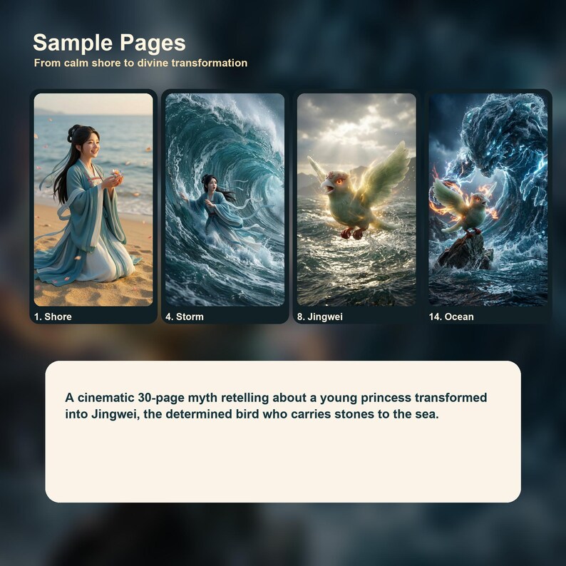 Peut inclure: Illustration num&eacute;rique pr&eacute;sentant quatre pages d'un livre. Les panneaux montrent une femme en robes flottantes pr&egrave;s du rivage, dans une temp&ecirc;te et une cr&eacute;ature aviaire. Le texte comprend "Pages d'exemple" et "De la c&ocirc;te calme &agrave; la transformation divine."
