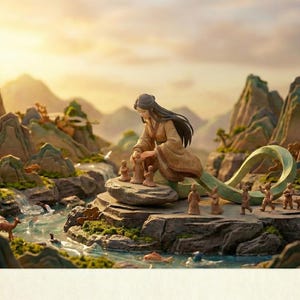 May include: A detailed diorama showing a woman in a robe seated on a rock, with small figurines, mountains, and a river. The scene is set in a landscape with deer and is illuminated by warm sunlight.