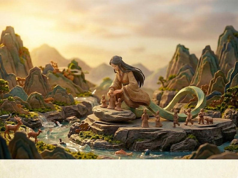 May include: A detailed diorama showing a woman in a robe seated on a rock, with small figurines, mountains, and a river. The scene is set in a landscape with deer and is illuminated by warm sunlight.