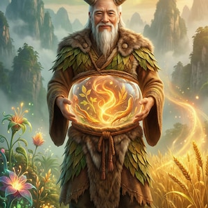 May include: A digital illustration of an elder figure with horns, wearing a fur and leaf-like garment, holding a glowing orb with plant-like designs. The background features mountains, aurora borealis, and fields of wheat and flowers.