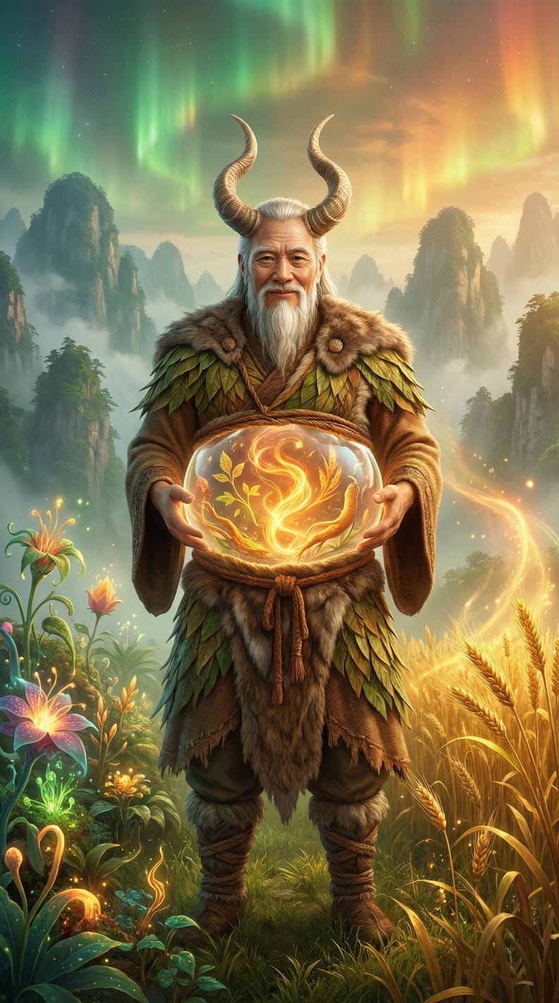 May include: A digital illustration of an elder figure with horns, wearing a fur and leaf-like garment, holding a glowing orb with plant-like designs. The background features mountains, aurora borealis, and fields of wheat and flowers.