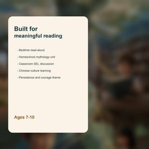 Peut inclure: Un graphique rectangulaire cr&egrave;me avec le texte "Con&ccedil;u pour une lecture significative". Des puces &eacute;num&egrave;rent des sujets tels que la lecture au coucher et l'apprentissage de la culture chinoise. Le graphique indique &eacute;galement "&Acirc;ges 7-10".
