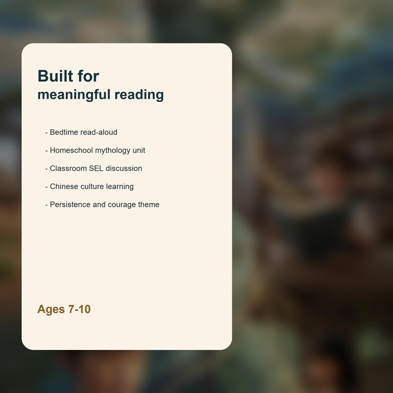 Peut inclure: Un graphique rectangulaire cr&egrave;me avec le texte "Con&ccedil;u pour une lecture significative". Des puces &eacute;num&egrave;rent des sujets tels que la lecture au coucher et l'apprentissage de la culture chinoise. Le graphique indique &eacute;galement "&Acirc;ges 7-10".