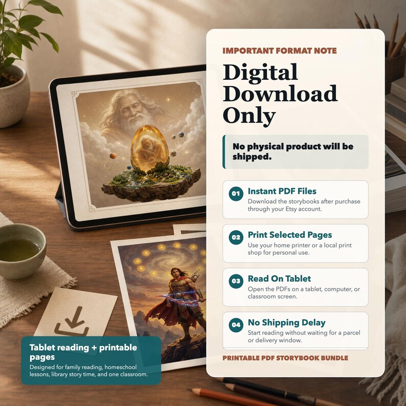 May include: A digital download product image featuring a tablet displaying a fantasy illustration. The image includes text: "Digital Download Only" and "Tablet reading + printable pages". The product is a printable PDF storybook bundle.