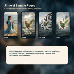 May include: Image of Jingwei Sample Pages. The image shows four panels with illustrations and text. The panels depict scenes of a woman on a shore, a bird-like creature, and a flock of birds. Text includes "Shore", "Jingwei", "The Flock", and "Spirit".