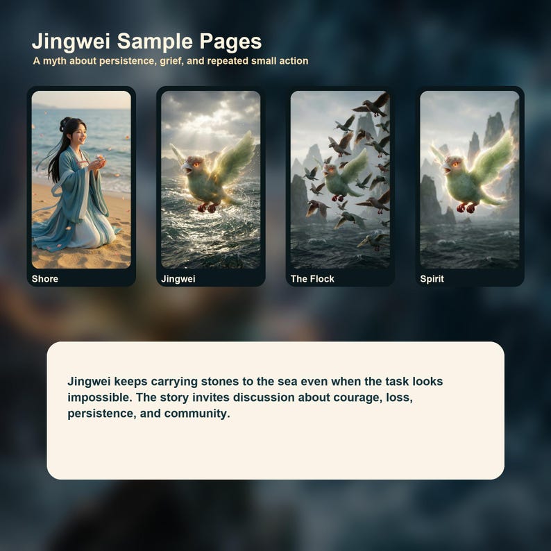May include: Image of Jingwei Sample Pages. The image shows four panels with illustrations and text. The panels depict scenes of a woman on a shore, a bird-like creature, and a flock of birds. Text includes "Shore", "Jingwei", "The Flock", and "Spirit".