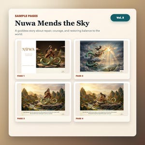 May include: A promotional image for "Nuwa Mends the Sky," a goddess story. The image displays four sample pages with illustrations of a woman with a serpent tail. The title and volume number are visible at the top. The pages are numbered 1 through 4.