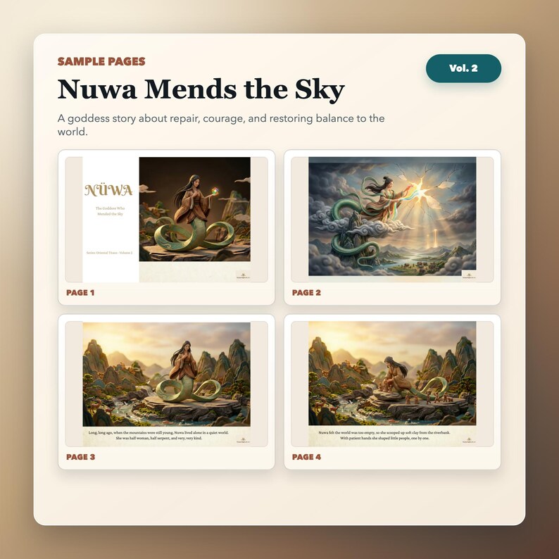 May include: A promotional image for "Nuwa Mends the Sky," a goddess story. The image displays four sample pages with illustrations of a woman with a serpent tail. The title and volume number are visible at the top. The pages are numbered 1 through 4.