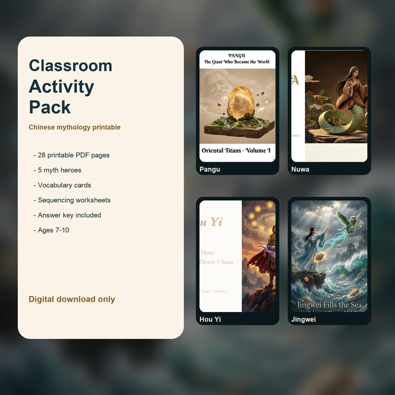 Pu&ograve; includere: Un pacchetto di attivit&agrave; per la classe con il titolo "Classroom Activity Pack" e il testo "mitologia cinese stampabile". Contiene 28 pagine PDF stampabili, 5 eroi mitici, schede di vocabolario, fogli di lavoro di sequenziamento e una chiave di risposta per bambini dai 7 ai 10 anni.