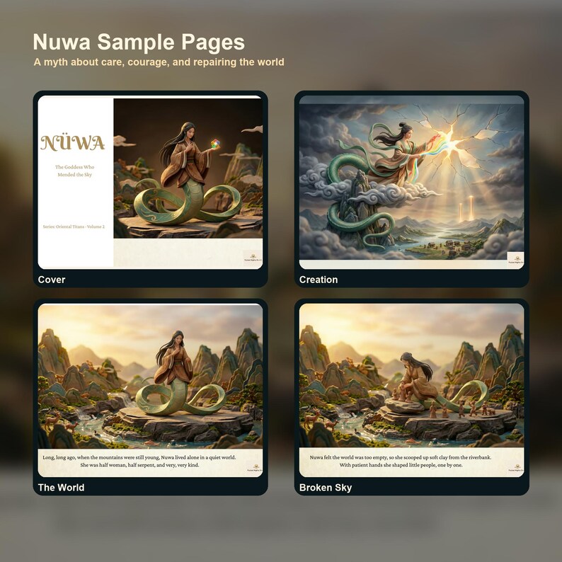 Peut inclure: Quatre impressions d'art num&eacute;rique de "Nuwa Sample Pages", illustrant un mythe sur le soin, le courage et la r&eacute;paration du monde. Les images pr&eacute;sentent une femme avec une queue de serpent dans divers paysages, avec du texte.