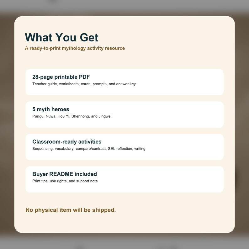 Pu&ograve; includere: Una risorsa di attivit&agrave; di mitologia pronta per la stampa intitolata "What You Get". La risorsa include un PDF di 28 pagine con una guida per l'insegnante, fogli di lavoro e schede. Presenta 5 eroi mitici e attivit&agrave; in classe.