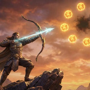 May include: Digital artwork depicting an archer aiming a glowing arrow at a ring of suns against a dramatic, sunset sky. The archer is in detailed armour and a flowing cape, standing on a rocky outcrop.