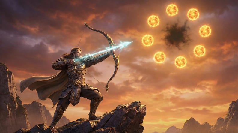 May include: Digital artwork depicting an archer aiming a glowing arrow at a ring of suns against a dramatic, sunset sky. The archer is in detailed armour and a flowing cape, standing on a rocky outcrop.