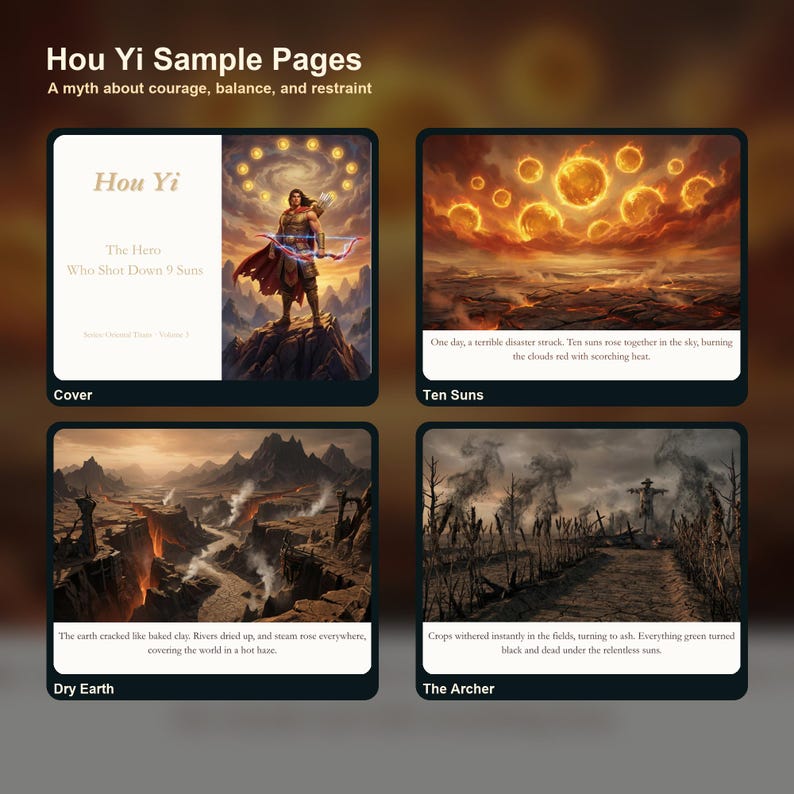 May include: A digital art layout titled "Hou Yi Sample Pages" with four panels. The top left panel is the cover, featuring text and an illustration of a hero. Other panels depict scenes of disaster, including "Ten Suns", "Dry Earth", and "The Archer".