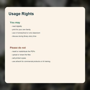 May include: A cream-coloured graphic with the title "Usage Rights" in dark green. The text lists what users "may" do, including reading digitally and printing for family. It also details what users "Please do not" do, such as reselling PDFs or using artwork commercially.