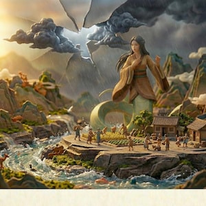 May include: A detailed diorama shows a mythical scene with a large, serene figure with a serpent tail, overlooking a village. The landscape includes mountains, a river, and miniature figures, all under a dramatic sky with rain.