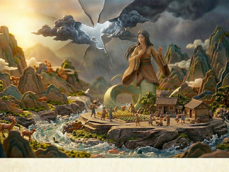 May include: A detailed diorama shows a mythical scene with a large, serene figure with a serpent tail, overlooking a village. The landscape includes mountains, a river, and miniature figures, all under a dramatic sky with rain.