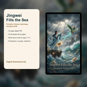 Peut inclure: T&eacute;l&eacute;chargement num&eacute;rique d'un livre de contes de la mythologie chinoise, "Jingwei Fills the Sea". La couverture montre une femme en robe bleue avec un oiseau, sur fond de mer orageuse. Le livre comprend 32 pages, 30 pages illustr&eacute;es, pour les 7-10 ans.