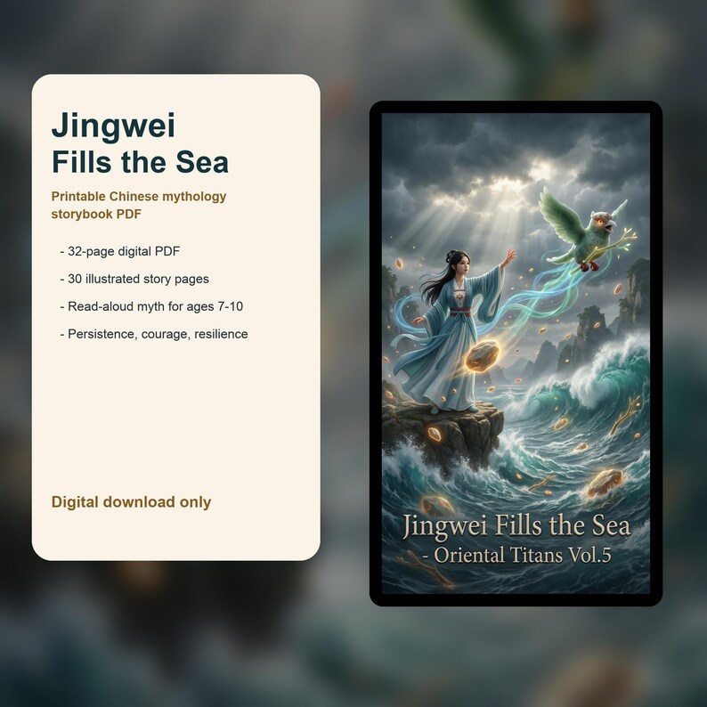 Peut inclure: T&eacute;l&eacute;chargement num&eacute;rique d'un livre de contes de la mythologie chinoise, "Jingwei Fills the Sea". La couverture montre une femme en robe bleue avec un oiseau, sur fond de mer orageuse. Le livre comprend 32 pages, 30 pages illustr&eacute;es, pour les 7-10 ans.
