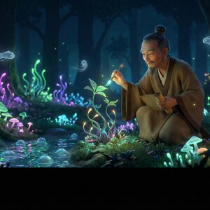 May include: A digital illustration of a forest at night, featuring a man in a brown robe studying glowing plants and mushrooms. The scene is lit by bioluminescent flora in blue, green, purple, and yellow, with ethereal floating spirits adding to the magical atmosphere.