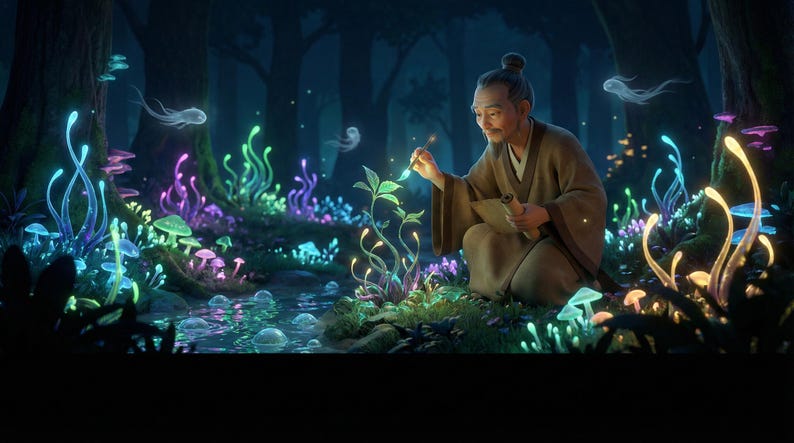 May include: A digital illustration of a forest at night, featuring a man in a brown robe studying glowing plants and mushrooms. The scene is lit by bioluminescent flora in blue, green, purple, and yellow, with ethereal floating spirits adding to the magical atmosphere.