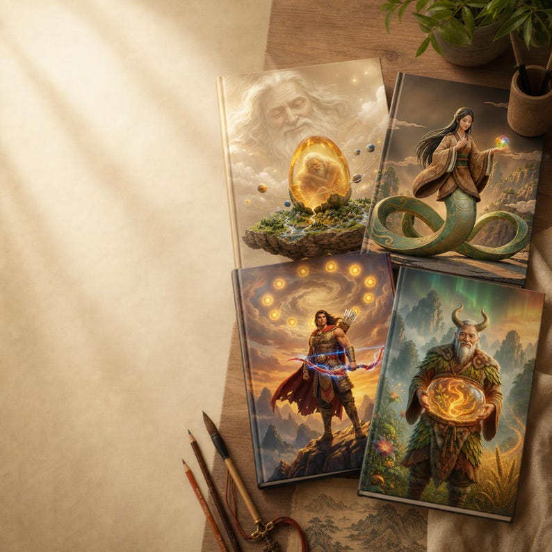 May include: Four hardcover journals with fantasy art covers. The covers feature illustrations of mythological figures, including a bearded man, a woman with a snake tail, and a warrior with a bow. The journals are on a wooden surface with art supplies.