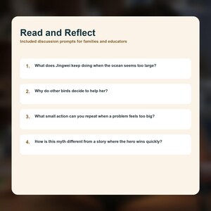 Peut inclure: Graphique num&eacute;rique intitul&eacute; &laquo;&nbsp;Lire et R&eacute;fl&eacute;chir&nbsp;&raquo; avec des questions de discussion pour les familles et les &eacute;ducateurs. Les questions portent sur un mythe, comme ce que fait Jingwei lorsque l'oc&eacute;an semble trop grand.
