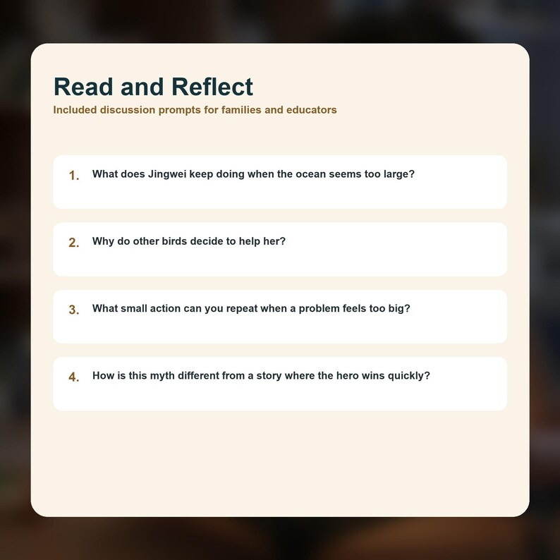 Peut inclure: Graphique num&eacute;rique intitul&eacute; &laquo;&nbsp;Lire et R&eacute;fl&eacute;chir&nbsp;&raquo; avec des questions de discussion pour les familles et les &eacute;ducateurs. Les questions portent sur un mythe, comme ce que fait Jingwei lorsque l'oc&eacute;an semble trop grand.