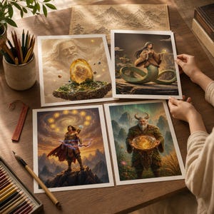 May include: Four fantasy art prints featuring mythological figures. One print depicts a bearded man in a cloud, another shows a woman with a serpent body, a third features an archer, and the last shows a horned figure holding a glowing orb.