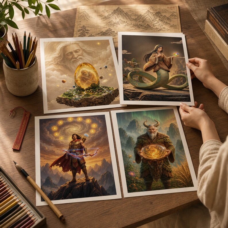 May include: Four fantasy art prints featuring mythological figures. One print depicts a bearded man in a cloud, another shows a woman with a serpent body, a third features an archer, and the last shows a horned figure holding a glowing orb.