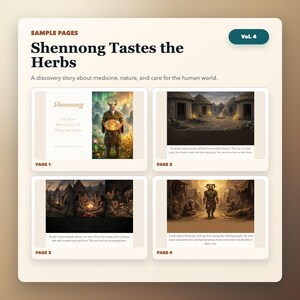 May include: A book spread featuring the title "Shennong Tastes the Herbs" with the subtitle "A discovery story about medicine, nature, and care for the human world." The book has four pages with illustrations and text.