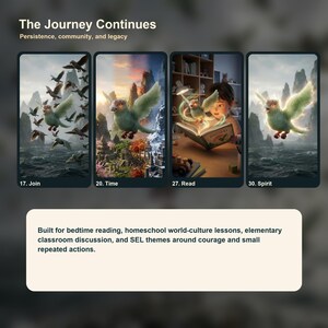 Peut inclure: Illustration num&eacute;rique avec quatre panneaux. Chaque panneau pr&eacute;sente un oiseau aux ailes vertes et aux pieds rouges. Les panneaux sont intitul&eacute;s "Join", "Time", "Read" et "Spirit". Le texte "The Journey Continues" et "Persistence, community, and legacy" est en haut.