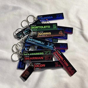 May include: A collection of rectangular acrylic keychains featuring Formula 1 driver names, team affiliations, and racing numbers. The keychains are printed in various colors including red, green, blue, and orange, with metal split rings attached.