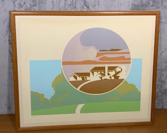 Rara lámina de arte moderno de mediados de siglo "Housescape" de Ken Graning, firmada en 1970, edición limitada 2/25, enmarcada. Colores brillantes y nítidos. Excepcional.