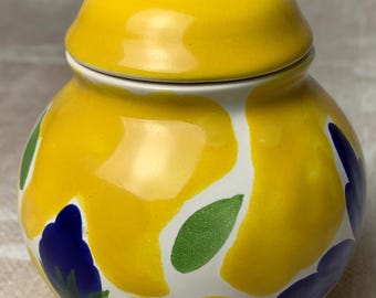 Vintage Dansk St. Tropez Sugar Bowl with Lid Hand Painted Ceramic Made in Portugal Discontinued Pattern Yellow and Blue Floral