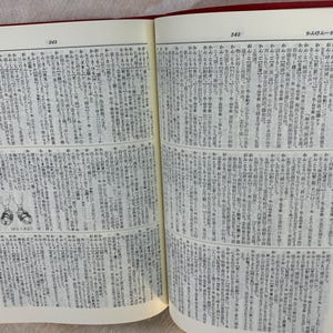 May include: An open book with red covers, displaying pages filled with Japanese text. The pages are held open with metal clips. The text is densely packed, with some illustrations. The book is on a light-colored surface.