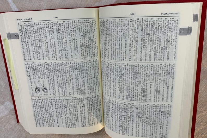 May include: An open book with red covers, displaying pages filled with Japanese text. The pages are held open with metal clips. The text is densely packed, with some illustrations. The book is on a light-colored surface.