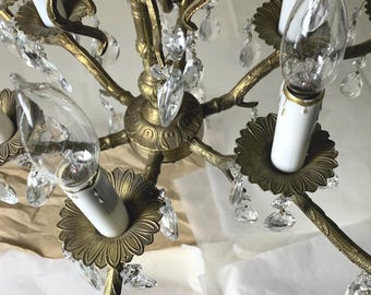 Vintage 1970 Spanish Revival 6 Arm 12 Light Brass Complete Chandelier Fixture All Original Socket Covers, Sockets, Crystals, Copper Wiring