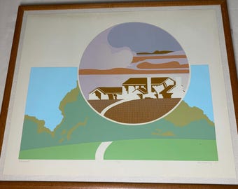 Rara lámina de arte moderno de mediados de siglo "Housescape" de Ken Graning, firmada en 1970, edición limitada 2/25, enmarcada. Colores brillantes y nítidos. Excepcional.