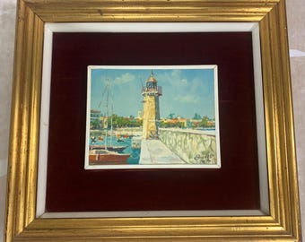 Faro de Desenzano del Garda, Italia. Pintura al óleo original de 1978. Marco original. Firmada por el artista.
