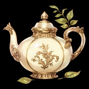 May include: A cream-coloured, ornate teapot with gold detailing and a matching lid. The teapot has a detailed floral design and is accompanied by green leaves, set against a black background. The handle and spout are also gold.