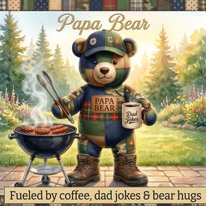 Papa Bear Patchwork Mug | 15oz Sublimation Ceramic Mug | Fueled by Coffee Dad Jokes & Bear Hugs | Father's Day Gift