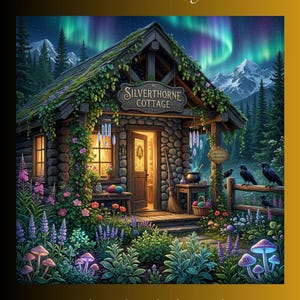 Pode incluir: Ilustração digital de uma casa de campo com o texto "Sylvan Silverthorne's Creative Cottage". A casa de campo tem um exterior de pedra, um telhado de madeira coberto de vegetação e uma placa que diz "Silverthorne Cottage". A imagem inclui um jardim e um fundo de montanha.