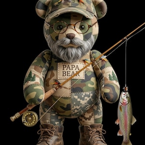 Stampa DTF Papa Bear Patchwork Fishing / Design Camo Bear per maglietta (pronto per la stampa)