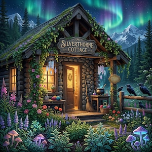 Pode incluir: Ilustração de uma casa de campo com uma placa que diz "Silverthorne Cottage". A casa de campo é cercada por vegetação exuberante, flores e cogumelos. O céu noturno apresenta a aurora boreal e uma cerca de madeira com corvos.
