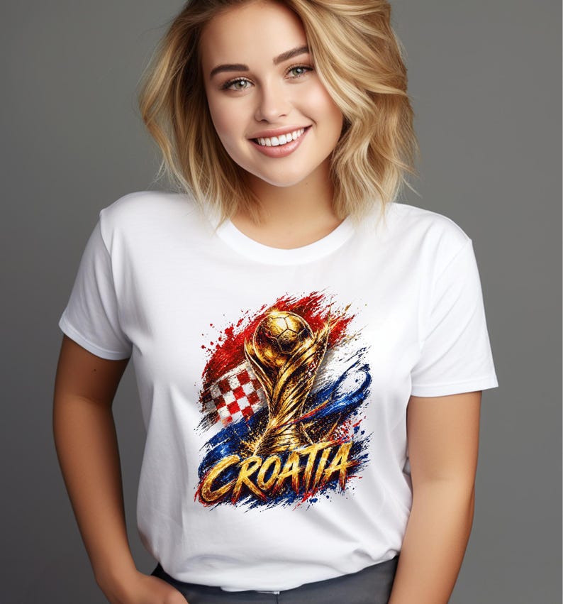 May include: White t-shirt featuring a golden trophy with a soccer ball on top, set against a backdrop of red, white, and blue brushstrokes and the word "CROATIA" in gold. The design incorporates the Croatian flag.
