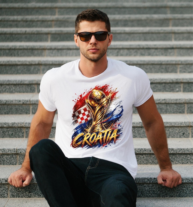 May include: White t-shirt featuring a golden trophy with a soccer ball, the Croatian flag, and the word "CROATIA" in gold. The design is set against a backdrop of red, white, and blue brushstrokes.